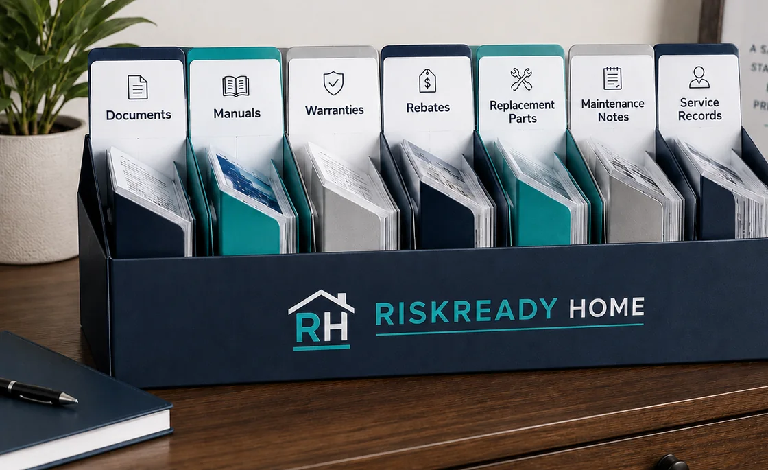 A navy RiskReady Home filing organizer on a desk with labeled dividers for documents, manuals, warranties, rebates, replacement parts, maintenance notes and service records